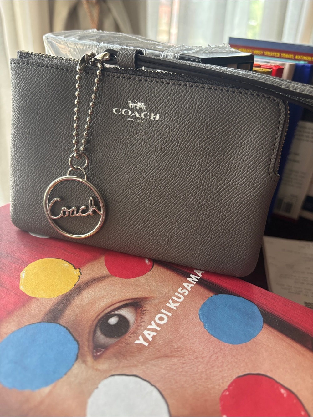 Coach Gray Textured Leather Corner Zip Wristlet with silver trim– NWOT